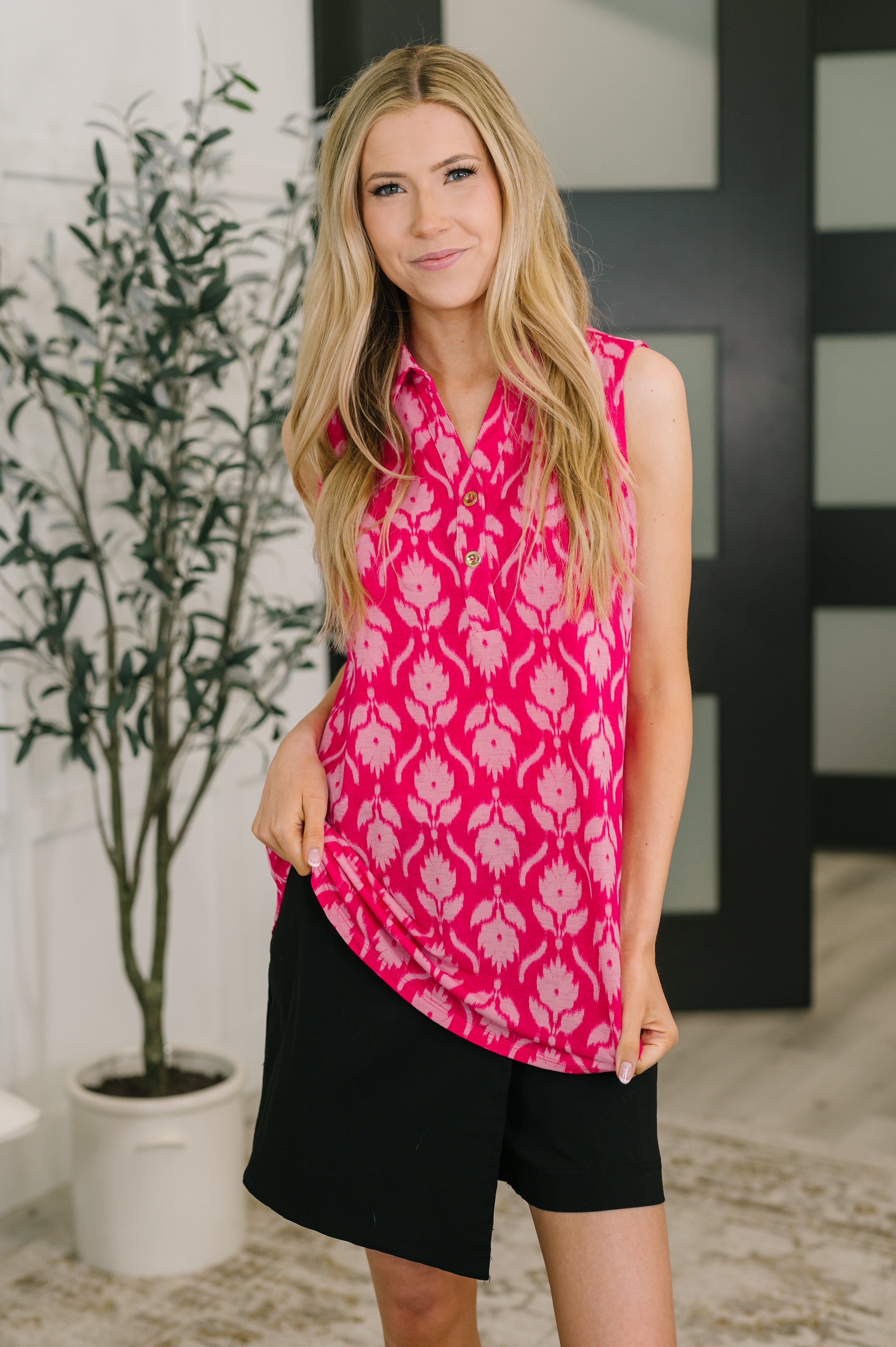 Sea Spray Collared Sleeveless Top in Floral Ikat