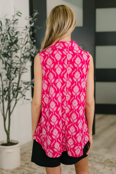 Sea Spray Collared Sleeveless Top in Floral Ikat