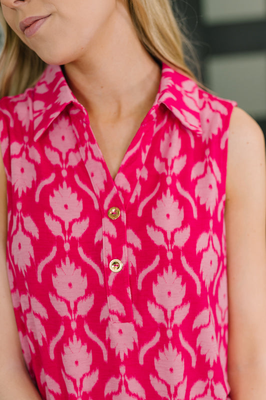 Sea Spray Collared Sleeveless Top in Floral Ikat
