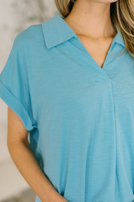 Sea You Soon Collared Top in Costal Blue