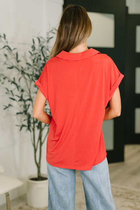 Sea You Soon Collared Top in Hot Coral