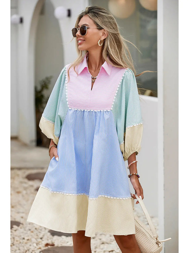 Pinstripe Puff Sleeve Dress