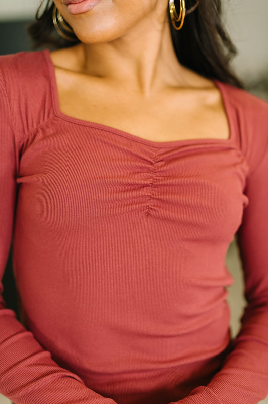 The Girls are Back in Town Long Sleeve Top in Burgundy