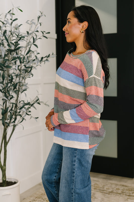 To Be Determined Drop Shoulder Top in Rust, Olive and Blue