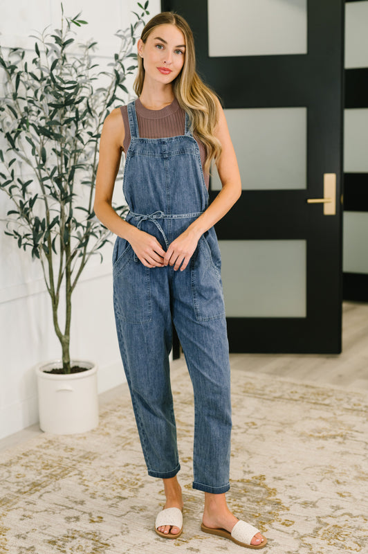 Too Cute to Compute Waist Tie Overalls in Dark Blue
