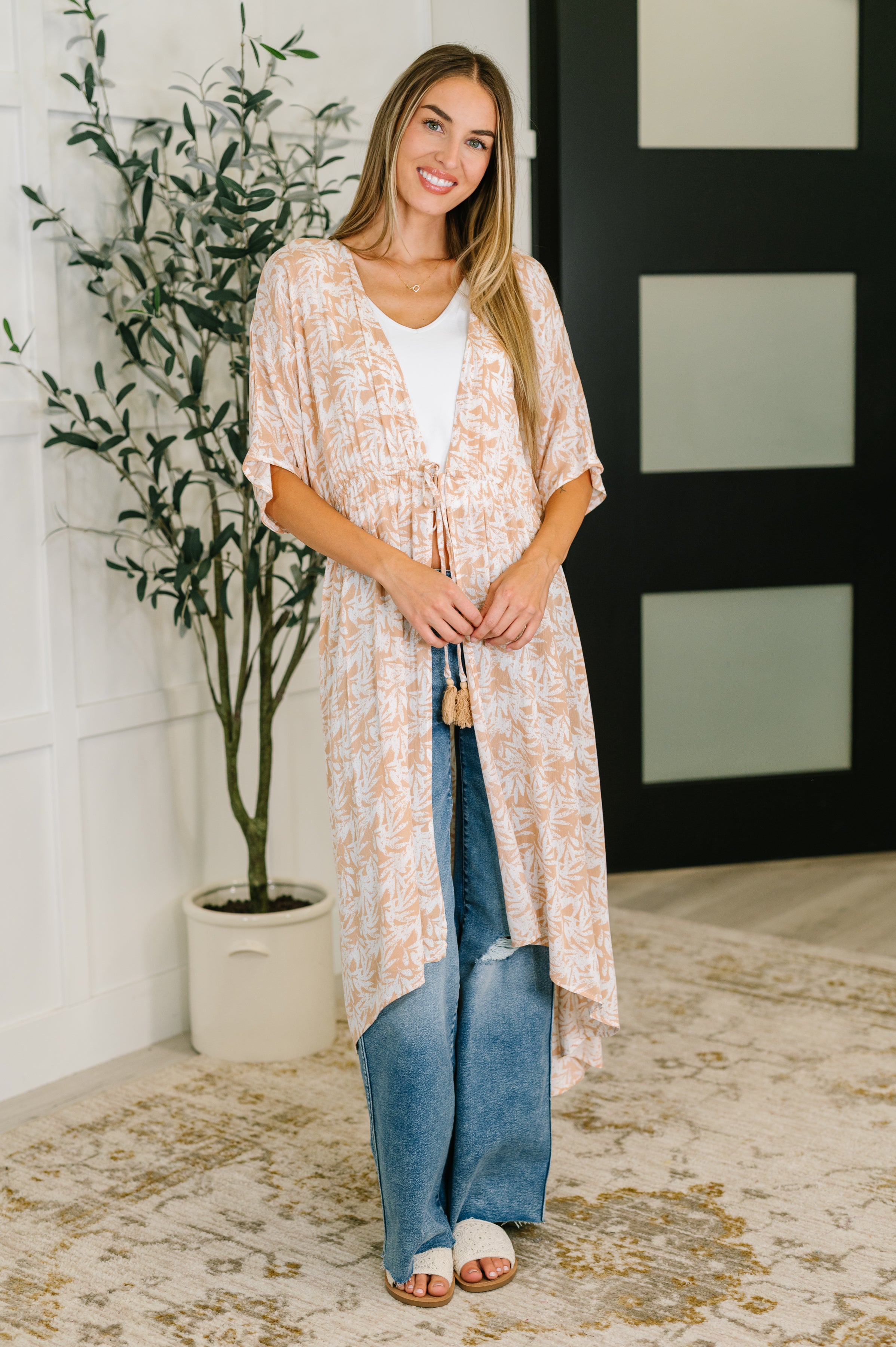 Tropical Print Gauze Kimono with Elastic Waist Tie in Milk Tea