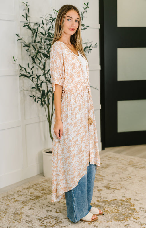 Tropical Print Gauze Kimono with Elastic Waist Tie in Milk Tea