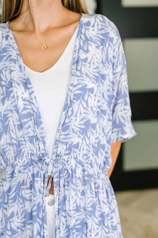 Tropical Print Gauze Kimono with Elastic Waist Tie in Periwinkle