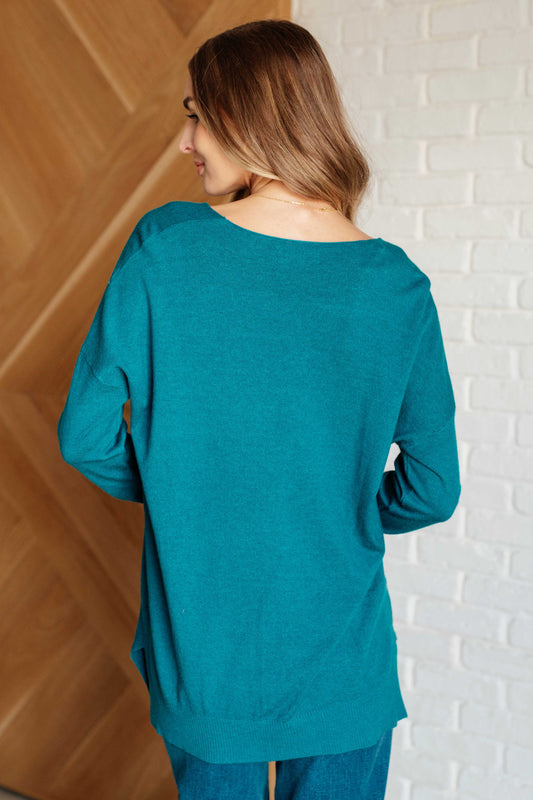 V-Neck Front Seam Sweater in Heather Ocean Teal