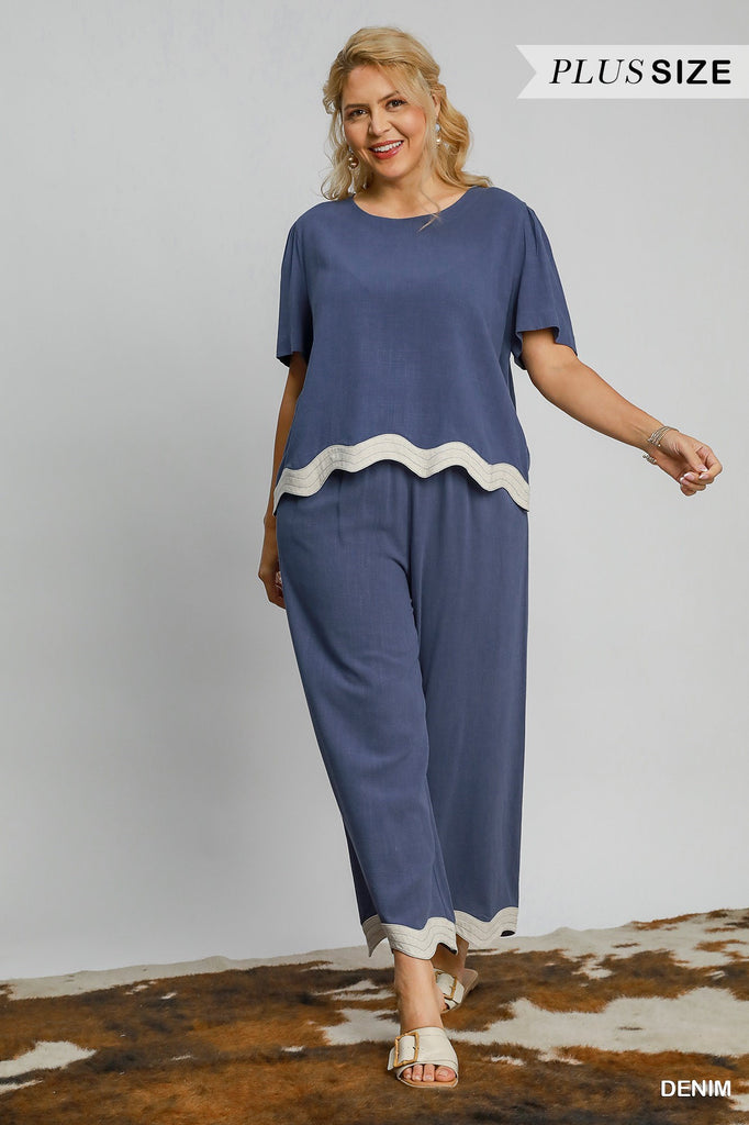 Drawstring Linen Pants with Scalloped hem - Denim