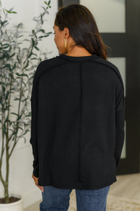 Wander & Rest Cable Ribbed Knit Drop Shoulder Top in Black