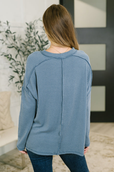 Wander & Rest Cable Ribbed Knit Drop Shoulder Top in Dusty Blue