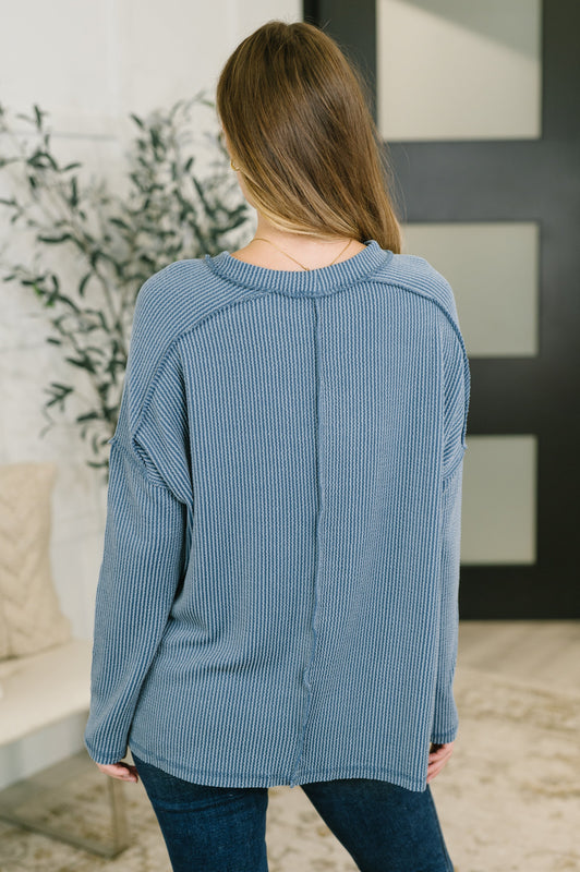 Wander & Rest Cable Ribbed Knit Drop Shoulder Top in Dusty Blue