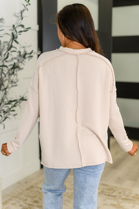 Wander & Rest Cable Ribbed Knit Drop Shoulder Top in Sand Beige