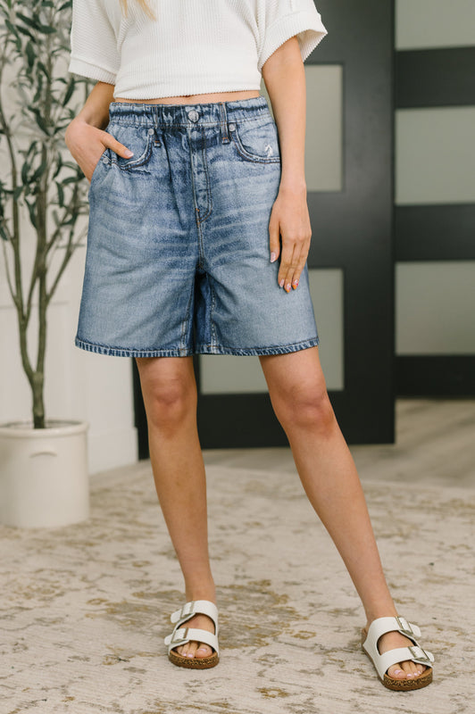Zenim Printed High Waisted Shorts in Classic Denim