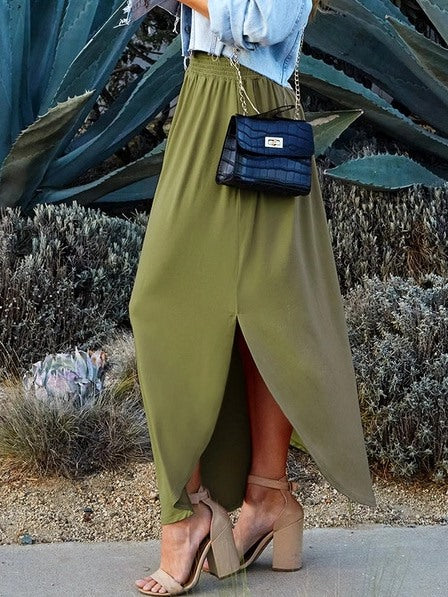 Curved Hem Maxi Skirt in Olive