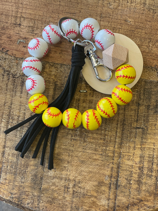 Baseball / Softball Wooden Bead Stretchy Wristlet Keychain
