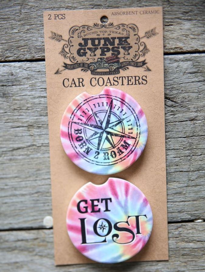 Junk Gypsy l Born 2 Roam/Get Lost Car Coaster Set