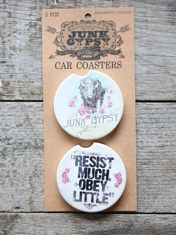 Junk Gypsy l Buffalo Roses/Resist Much, Obey Little Car Coaster Set