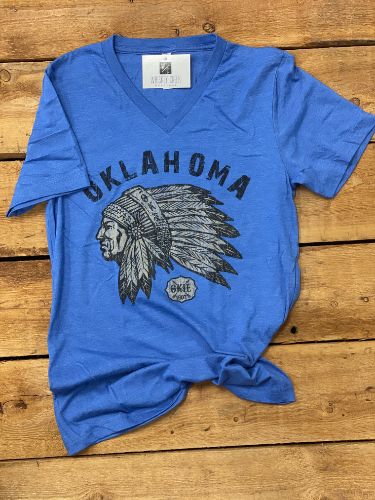Oklahoma Indian Head Chief T-Shirt l Heather Blue V-Neck