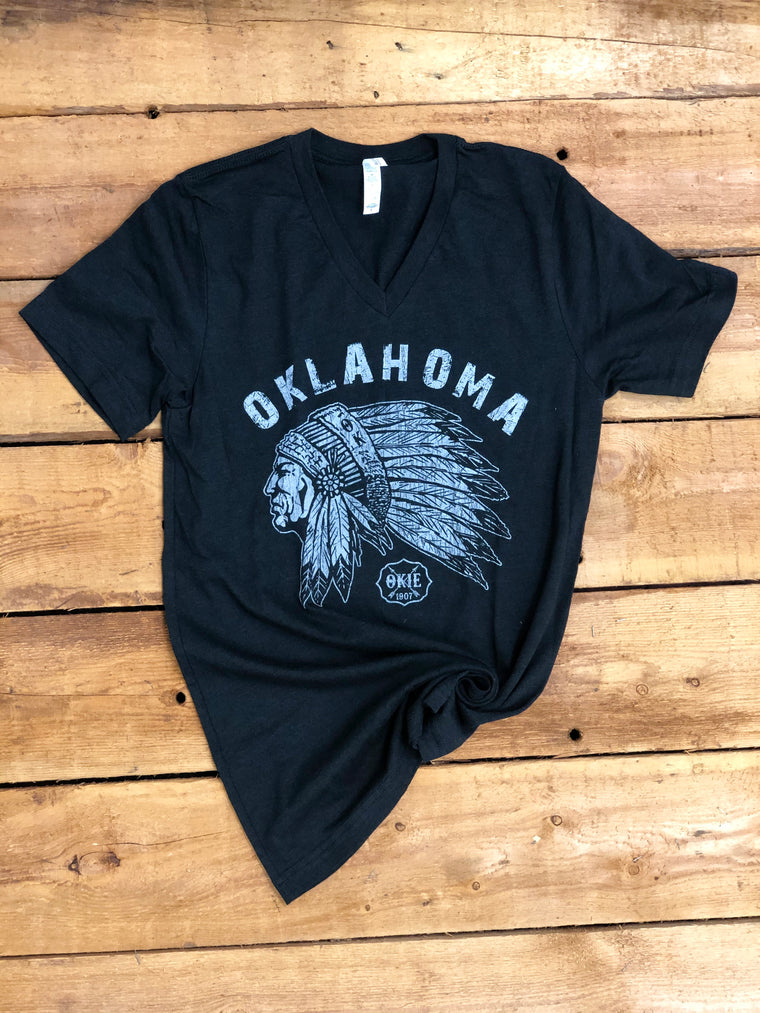 Oklahoma Indian Head Chief T-Shirt l Black V-Neck