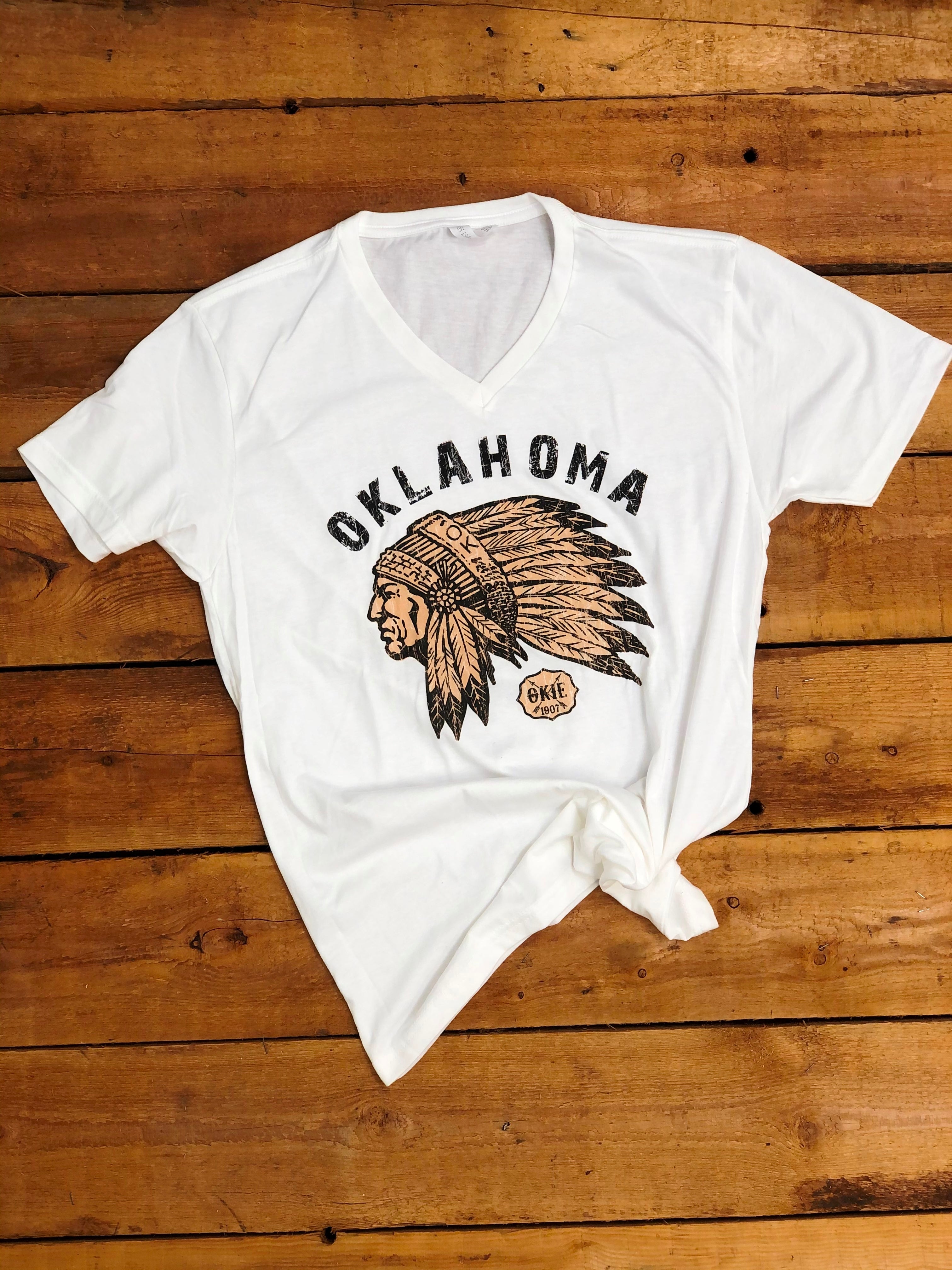 Oklahoma Indian Head Chief T-Shirt l White V-Neck