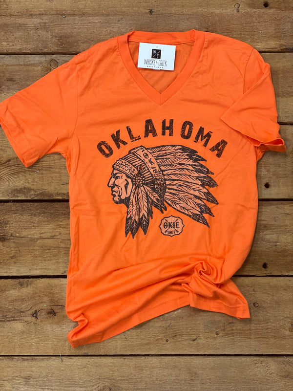 Oklahoma Indian Head Chief T-Shirt l Orange V-Neck