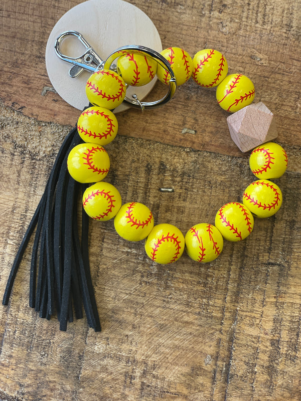 Baseball / Softball Wooden Bead Stretchy Wristlet Keychain